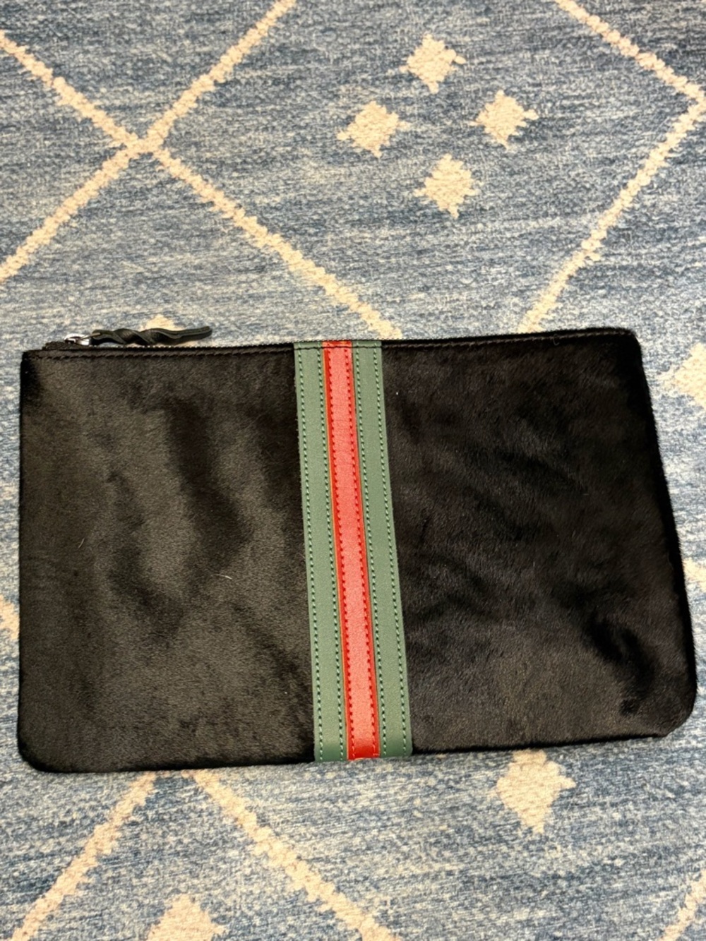 Parker & Hyde cowhide Black Fur Zip Pouch with Green and Red Stripe